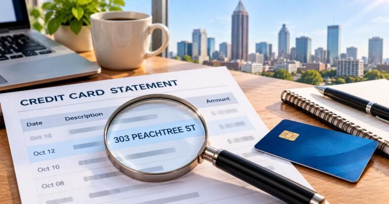 What is 303 Peachtree St Charge on Credit Card? 8 Photo illustration of a credit card statement showing 303 Peachtree St under a magnifying glass with the Atlanta skyline.