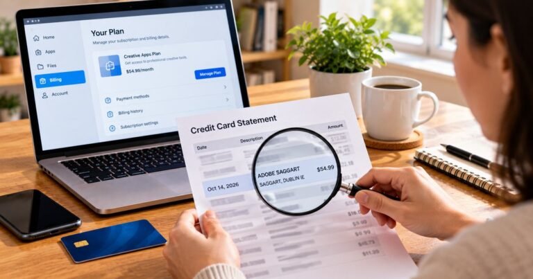Illustrative example of an Adobe Saggart credit card descriptor, Adobe software membership screen and a person reviewing a statement; amounts shown are fictional examples.