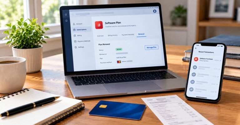What is Adobe Websales Charge on Credit Card? 7 Illustrative software plan renewal dashboard, credit card and phone transaction representing an Adobe Websales charge.