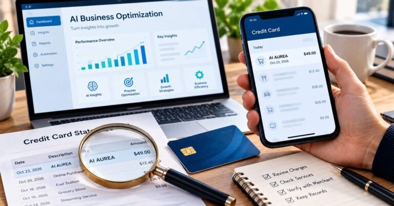 Illustrative AI Aurea business optimization dashboard and credit card statement showing a sample AI-service transaction; amounts are examples, not verified prices.