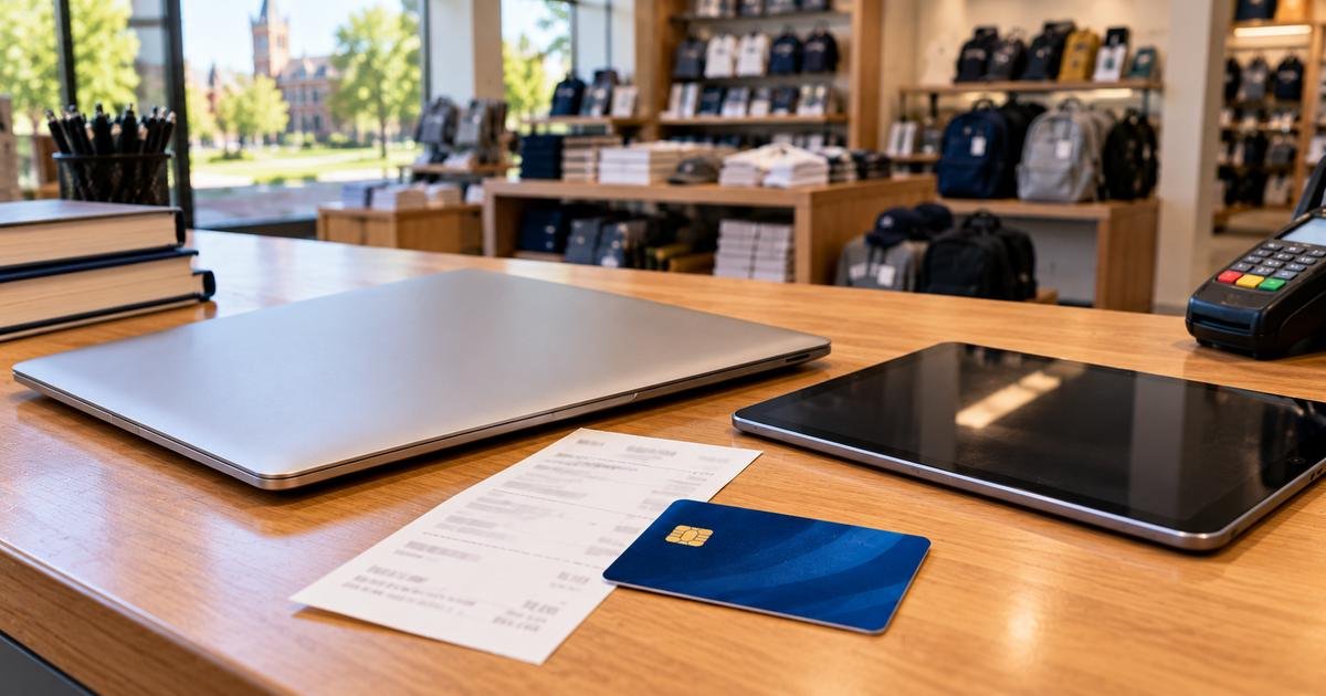 Realistic campus bookstore checkout with a laptop, tablet, receipt, and credit card for an Apple Campus Book billing inquiry.