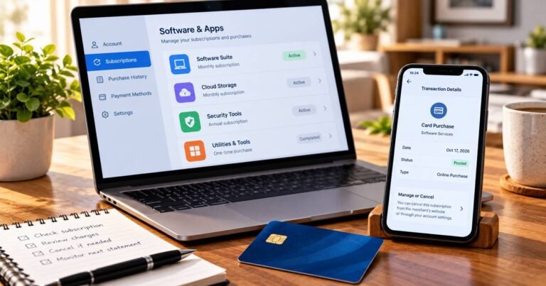 Illustrative desktop software subscription management screen, payment card, and checklist for an Avanquest Software billing inquiry.