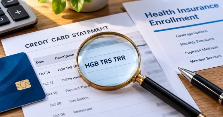 Illustration of a credit card statement highlighting HGB TRS TRR and a health insurance enrollment document, showing how to verify an unfamiliar charge.
