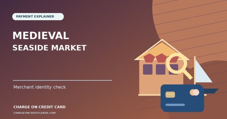 Illustration of a card statement and magnifier beside a medieval-style seaside market, showing an unverified merchant charge.