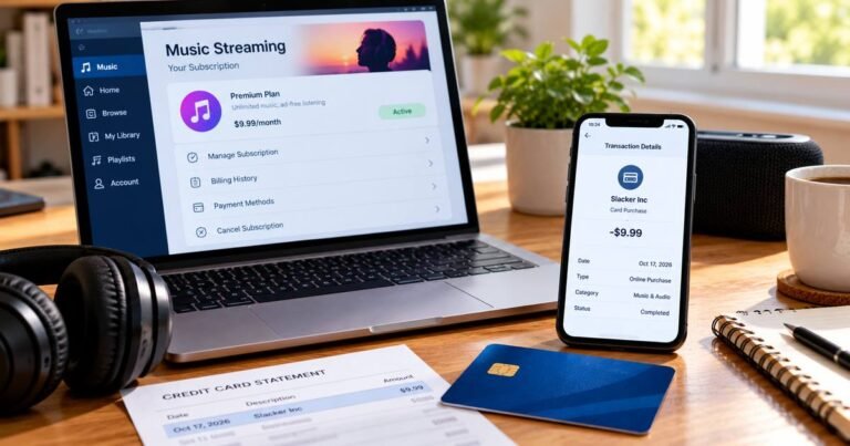 What is Slacker Inc Charge on Credit Card? 6 Illustrative music streaming membership, Slacker Inc card statement, and subscription-management screen; displayed amounts are examples.