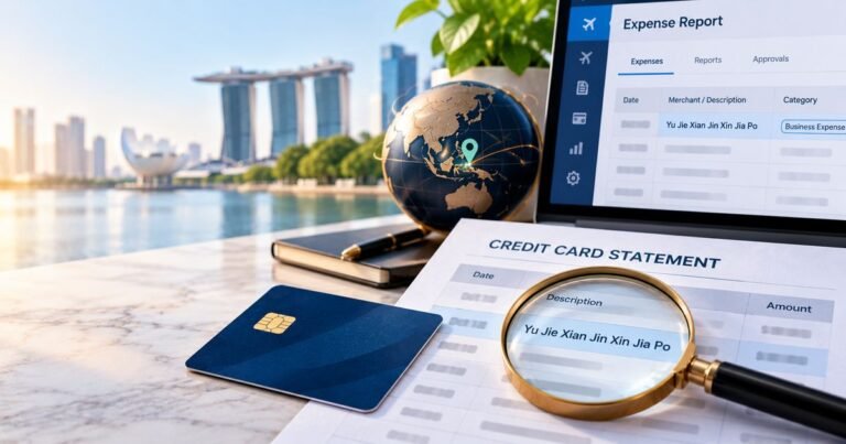 What is Yu Jie Xian Jin Xin Jia Po Charge on Credit Card? 6 Illustrative financial expense statement and credit card highlighting the Yu Jie Xian Jin Xin Jia Po vendor name in an expense report.