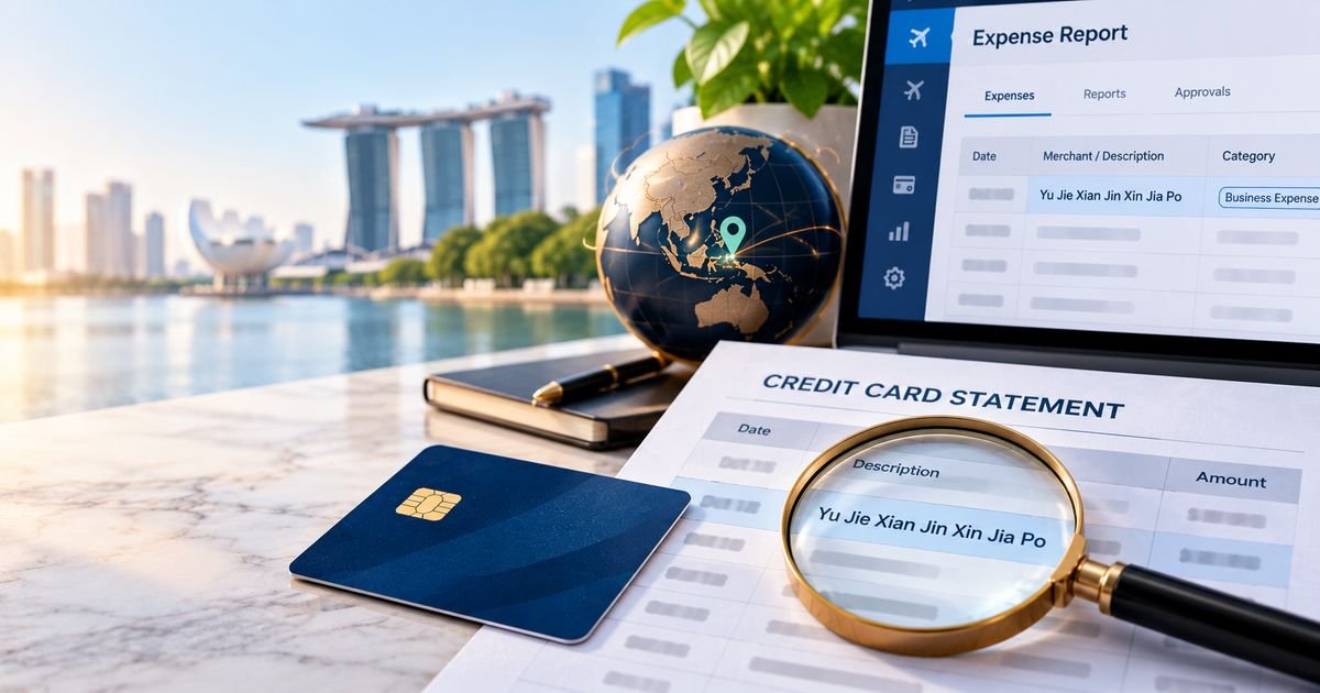 Illustrative financial expense statement and credit card highlighting the Yu Jie Xian Jin Xin Jia Po vendor name in an expense report.