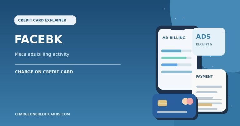 Illustration of a Meta-style advertising billing dashboard, receipt and credit card for a FACEBK charge.