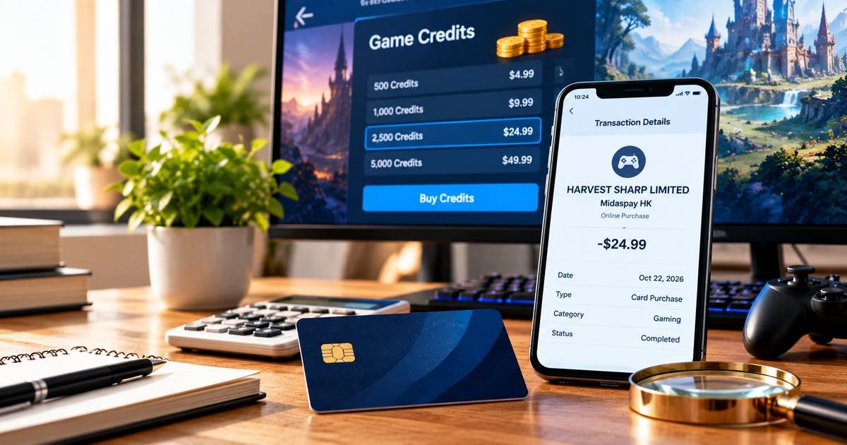 Realistic illustrative gaming credits purchase and payment card statement connected with Harvest Sharp Limited and Midaspay; example amounts are not verified prices.