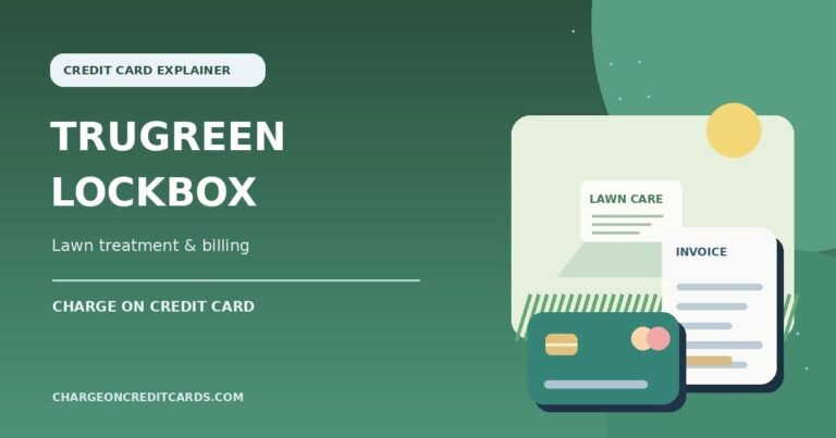 Illustration of a lawn treatment invoice, green yard and credit card for a TruGreen Lockbox charge.