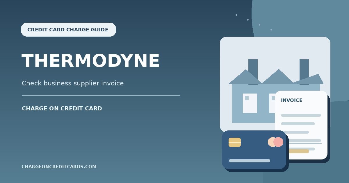Industrial supplier billing illustration with factory equipment, invoice, and a payment card for an unverified Thermodyne charge.