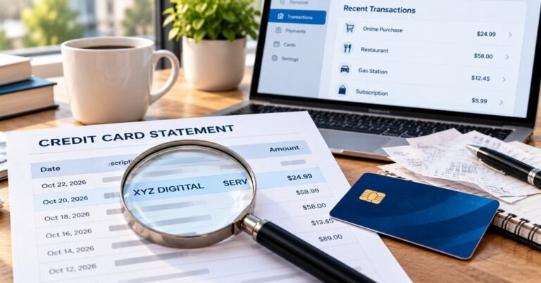 Realistic example of an unfamiliar credit card statement charge highlighted by a magnifying glass beside a laptop and payment card.