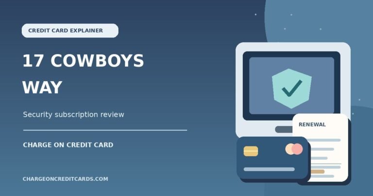 Illustration of a laptop with a security shield, renewal receipt and credit card for a 17 Cowboys Way charge.