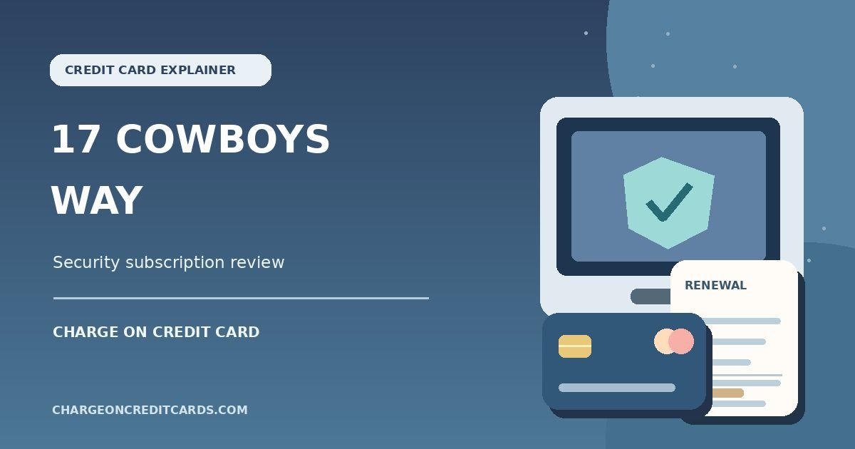 Illustration of a laptop with a security shield, renewal receipt and credit card for a 17 Cowboys Way charge.
