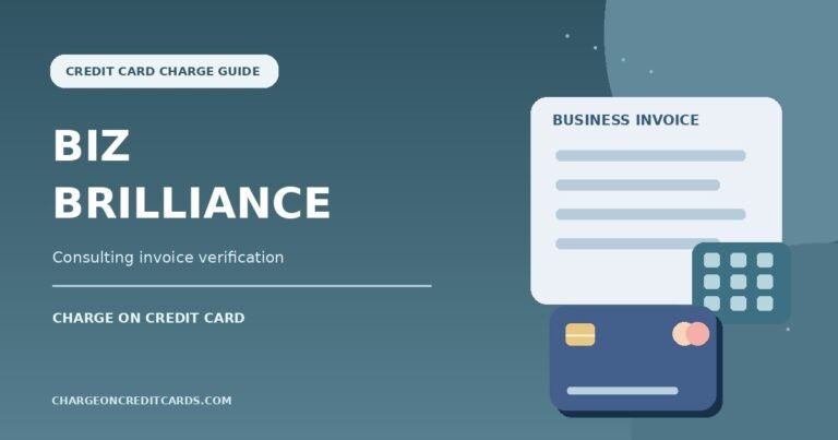 Business consulting invoice and calculator illustration alongside a credit card for a Biz Brilliance charge.