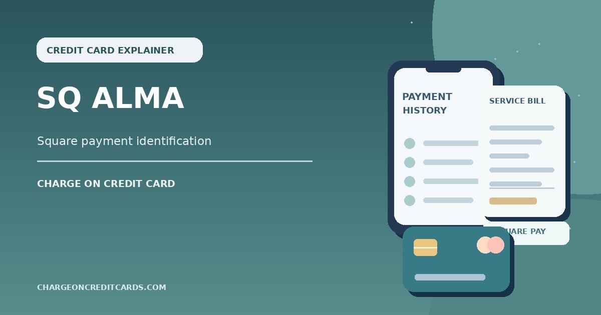 Illustration of a Square payment receipt, merchant details, and credit card for an SQ Alma charge.