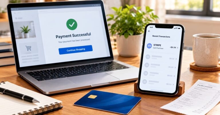 What is Stripe Charge on Credit Card? 6 Illustrative online checkout, Stripe credit card charge, merchant payment receipt, and laptop; example transaction is not a real card charge.
