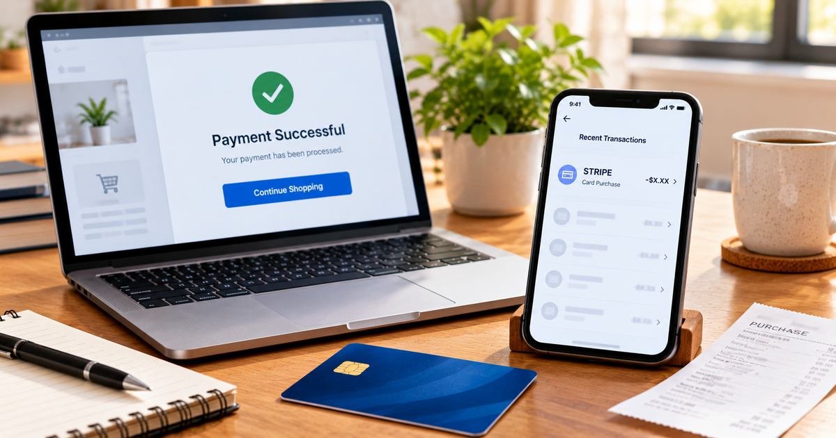 What is Stripe Charge on Credit Card? 1 Illustrative online checkout, Stripe credit card charge, merchant payment receipt, and laptop; example transaction is not a real card charge.