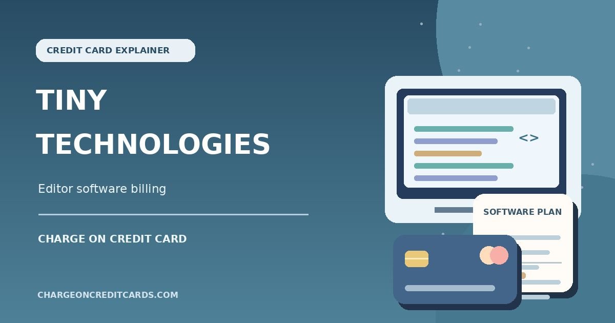 Illustration of a website text editor, software invoice and credit card for a Tiny Technologies charge.