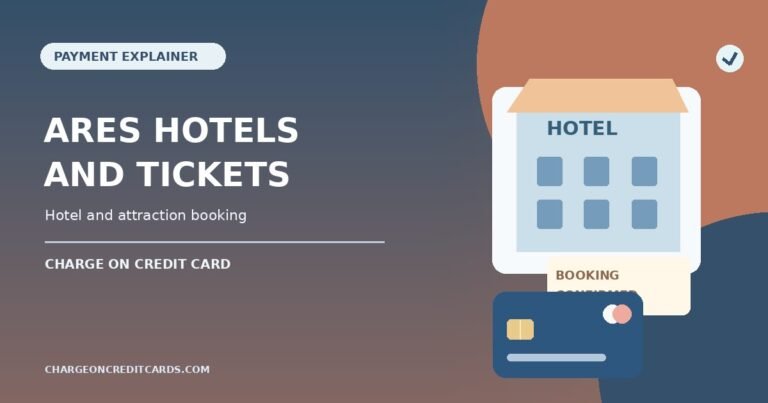 Illustration of a hotel and attraction booking confirmation, travel tickets and credit card statement for an ARES Hotels and Tickets charge.