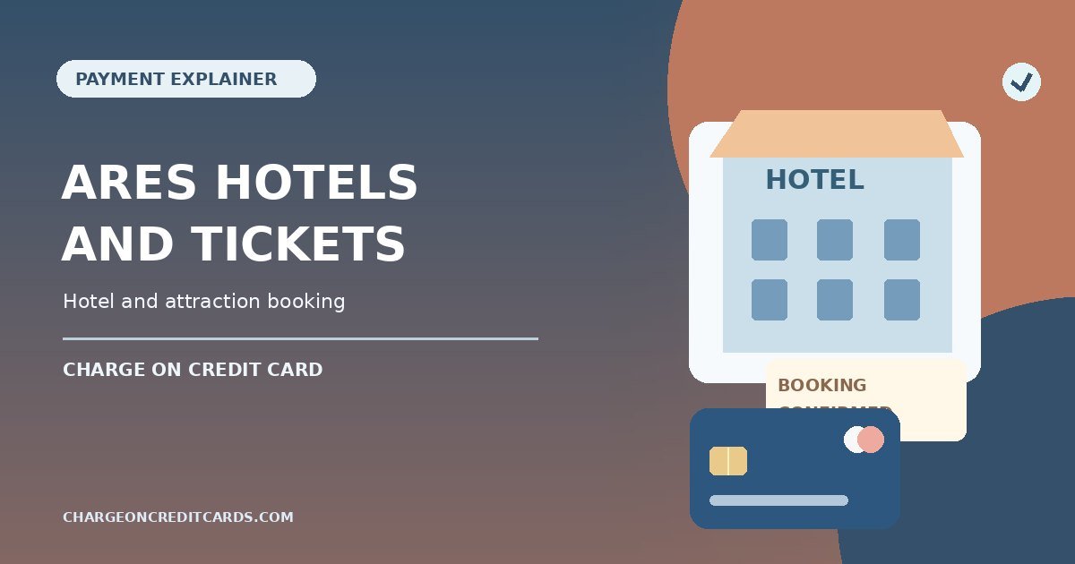 Illustration of a hotel and attraction booking confirmation, travel tickets and credit card statement for an ARES Hotels and Tickets charge.