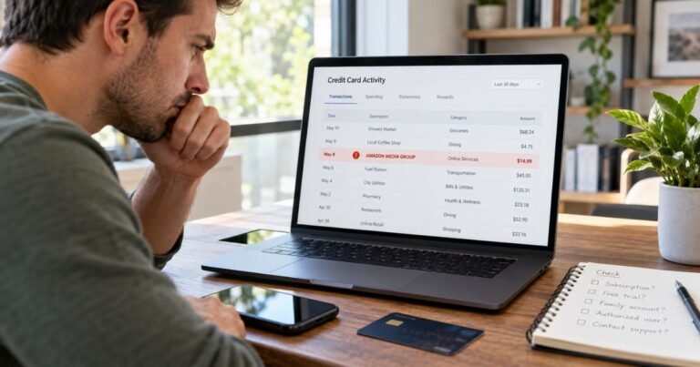 Amazon Media Group charge on credit card statement being reviewed on a laptop.