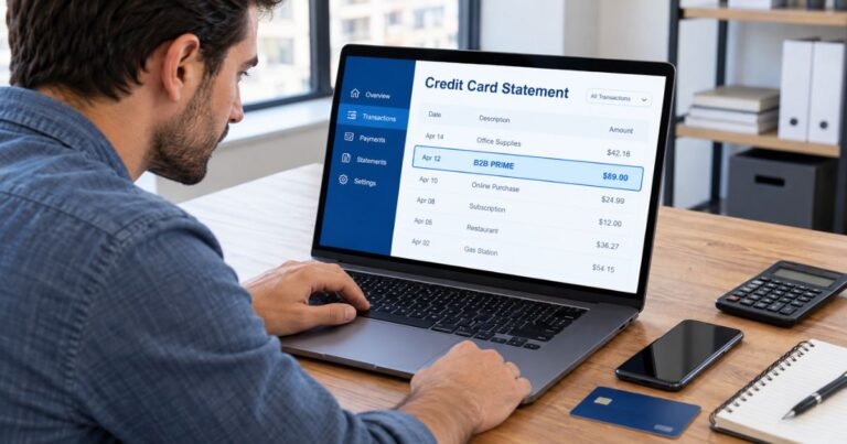 B2B Prime charge on credit card statement highlighted while a cardholder reviews an Amazon Business membership payment.