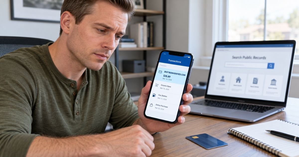 BeenVerified charge on credit card statement displayed on a smartphone while a customer reviews an unfamiliar subscription payment.