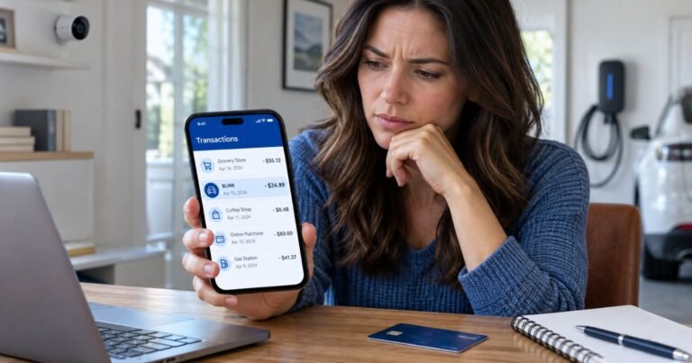 Blink charge on credit card statement displayed on a smartphone while a cardholder checks an unfamiliar payment.
