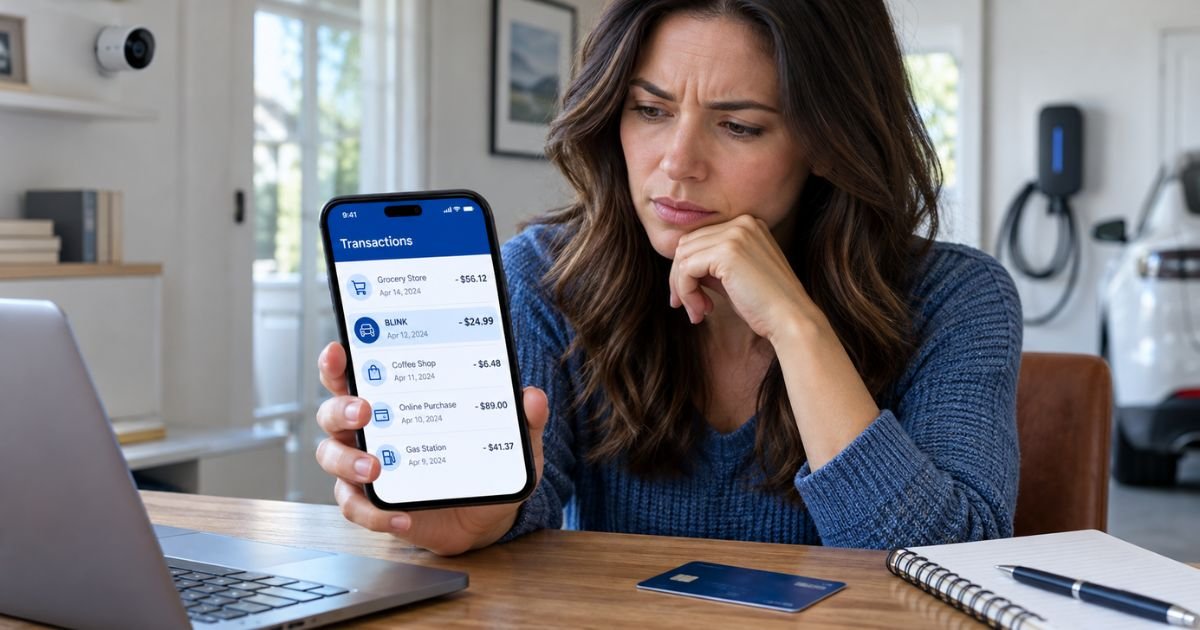 Blink charge on credit card statement displayed on a smartphone while a cardholder checks an unfamiliar payment.