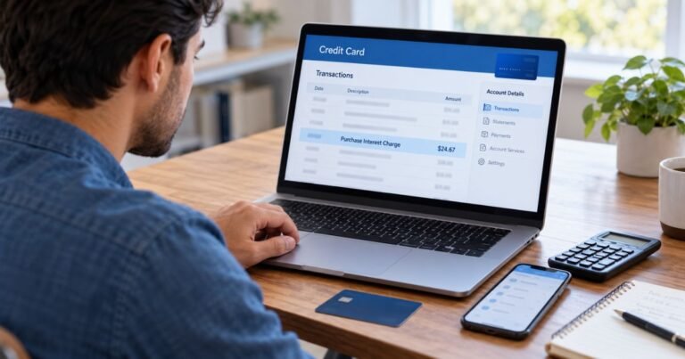 Chase purchase interest charge on credit card statement highlighted while a person reviews monthly interest fees.