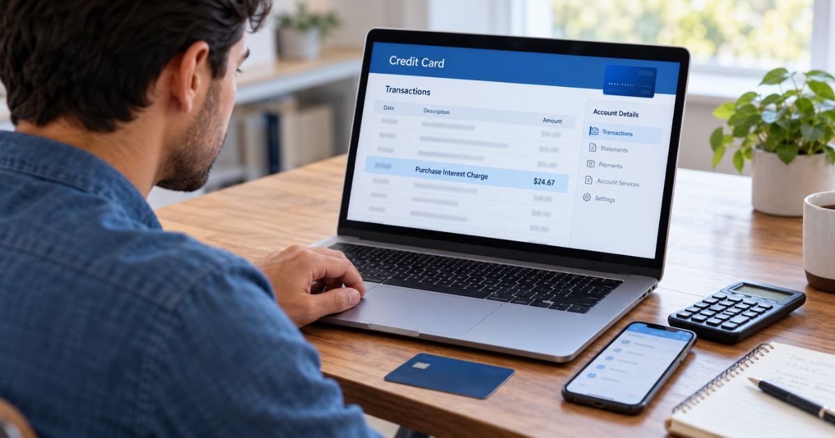 What is Purchase Interest Charge on Chase Credit Card? 1 Chase purchase interest charge on credit card statement highlighted while a person reviews monthly interest fees.