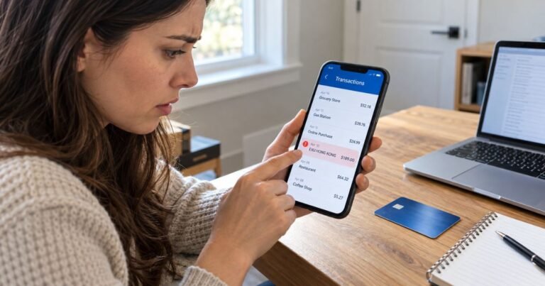 EXU charge on credit card statement displayed on a smartphone while a person investigates an unfamiliar transaction.