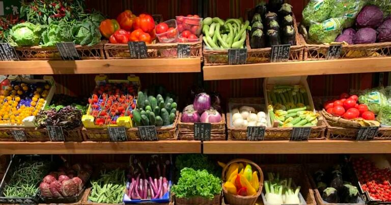 Fresh fruits and produce on a grocery store shelf