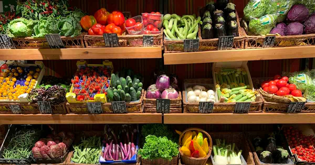 Fresh fruits and produce on a grocery store shelf