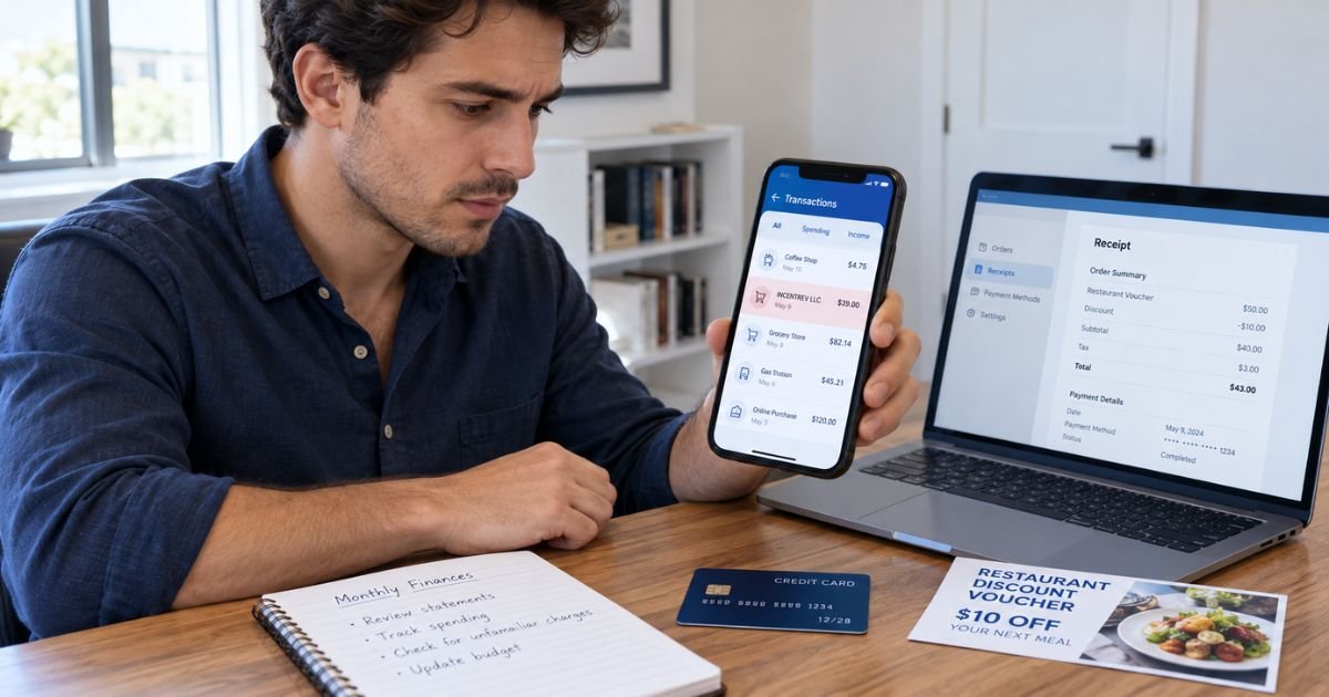 IncentRev LLC charge on credit card statement displayed on a smartphone while a cardholder checks a discount voucher purchase.