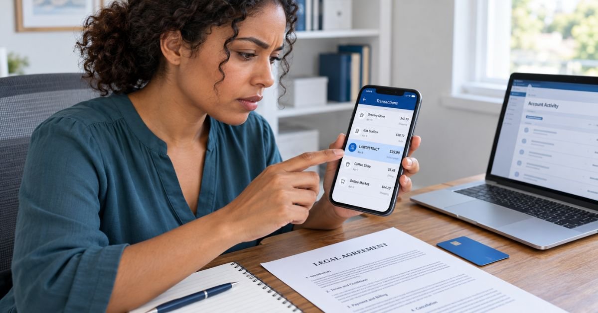 LawDistrict charge on credit card statement displayed on a smartphone while a customer reviews an unfamiliar legal document subscription.