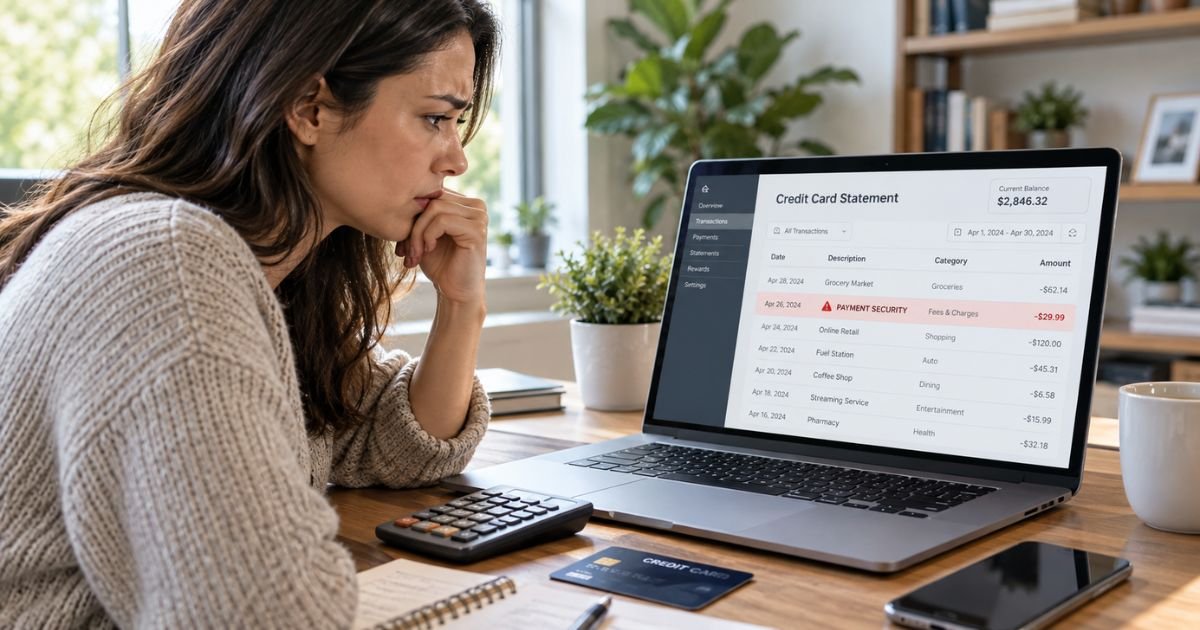 Payment Security charge on credit card statement displayed on a laptop with a credit card nearby.