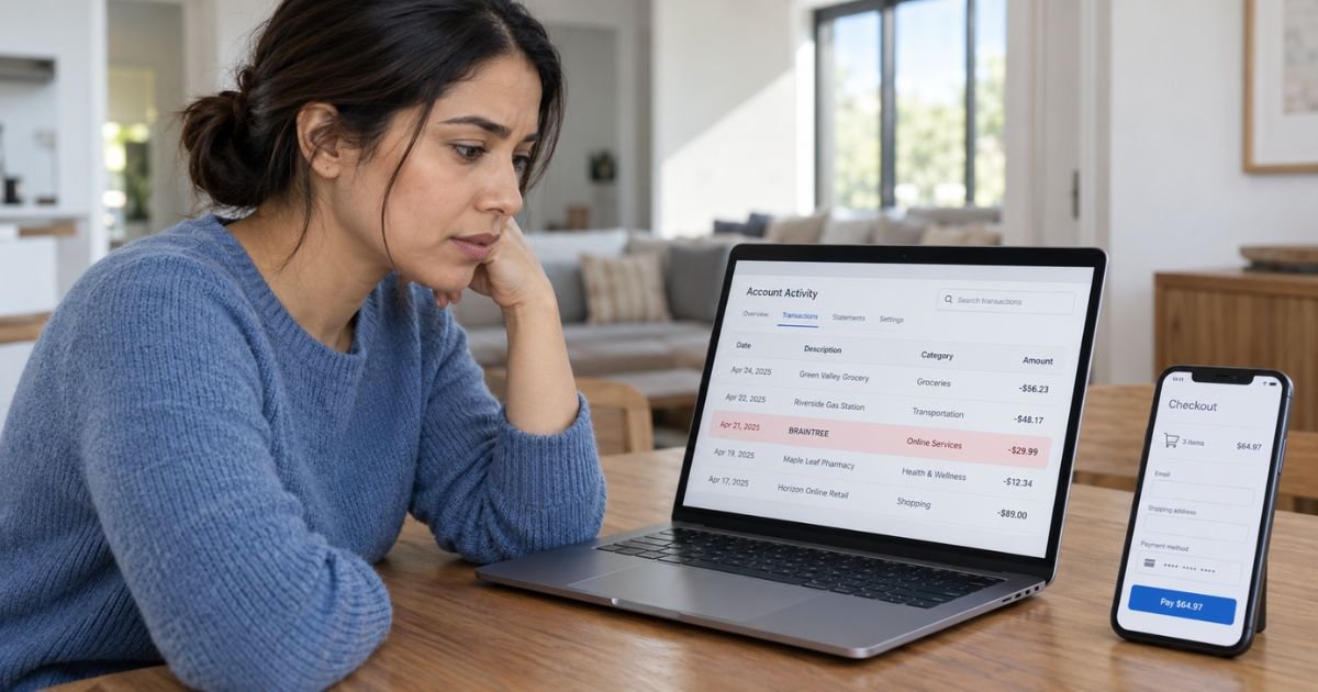 Person checking a Braintree charge on a credit card statement.