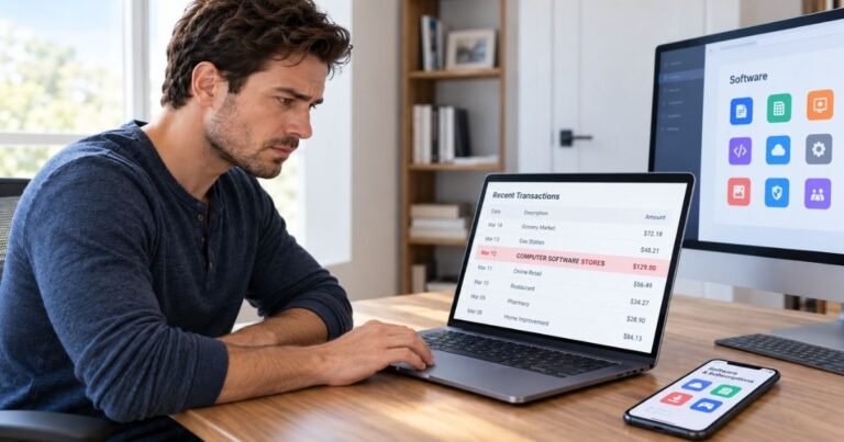 Person checking a Computer Software Stores charge on a credit card statement.