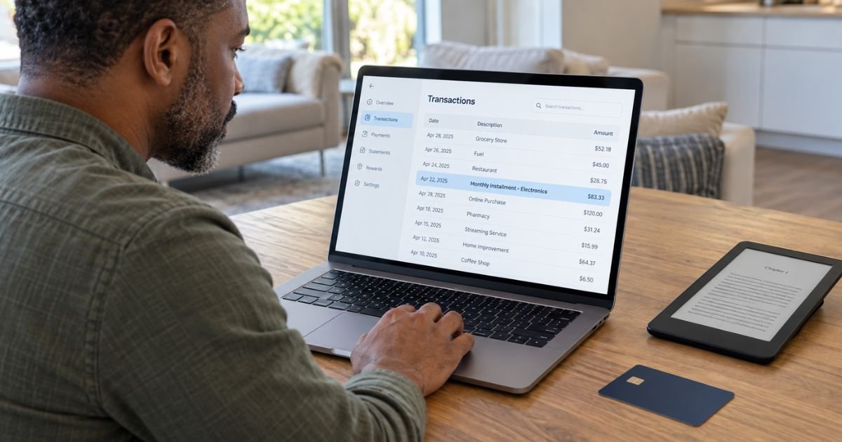 Person checking a Kindle Installments charge on a credit card statement.