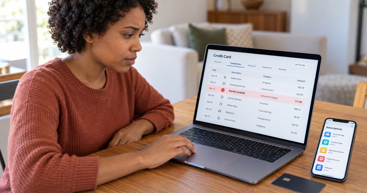 Person checking a PayPro Europe charge on a credit card statement.