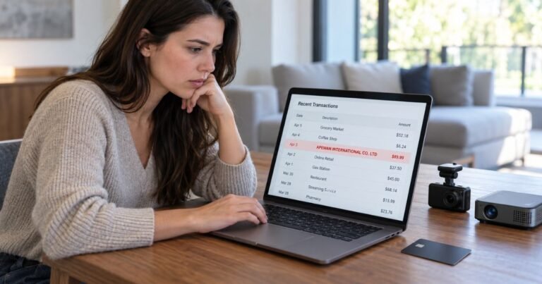 Person checking an Apeman International Co. Ltd charge on a credit card statement.