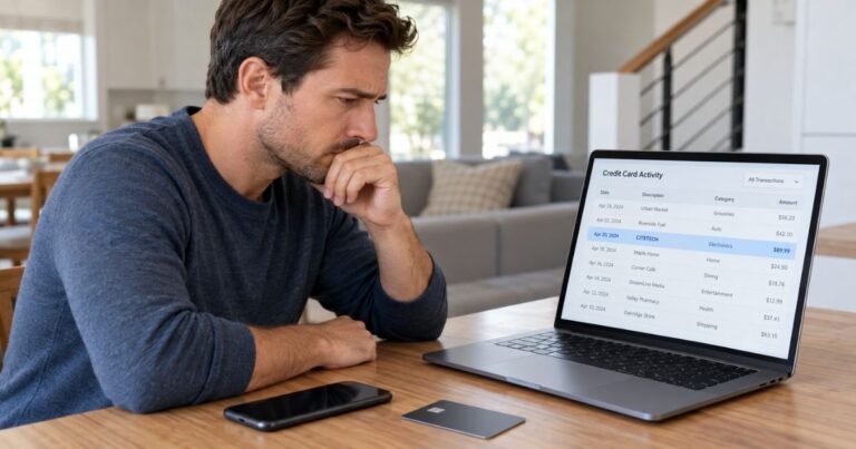 Person checking an unfamiliar CiteTech charge on a credit card statement.