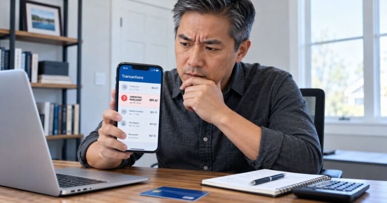 What's That Charge on My Credit Card? Explained 3 Person investigating an unknown charge on credit card statement using a smartphone banking app.