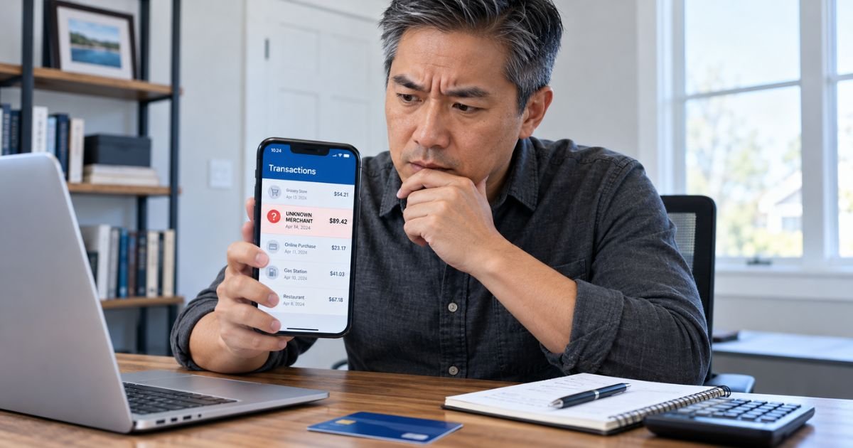 Person investigating an unknown charge on credit card statement using a smartphone banking app.