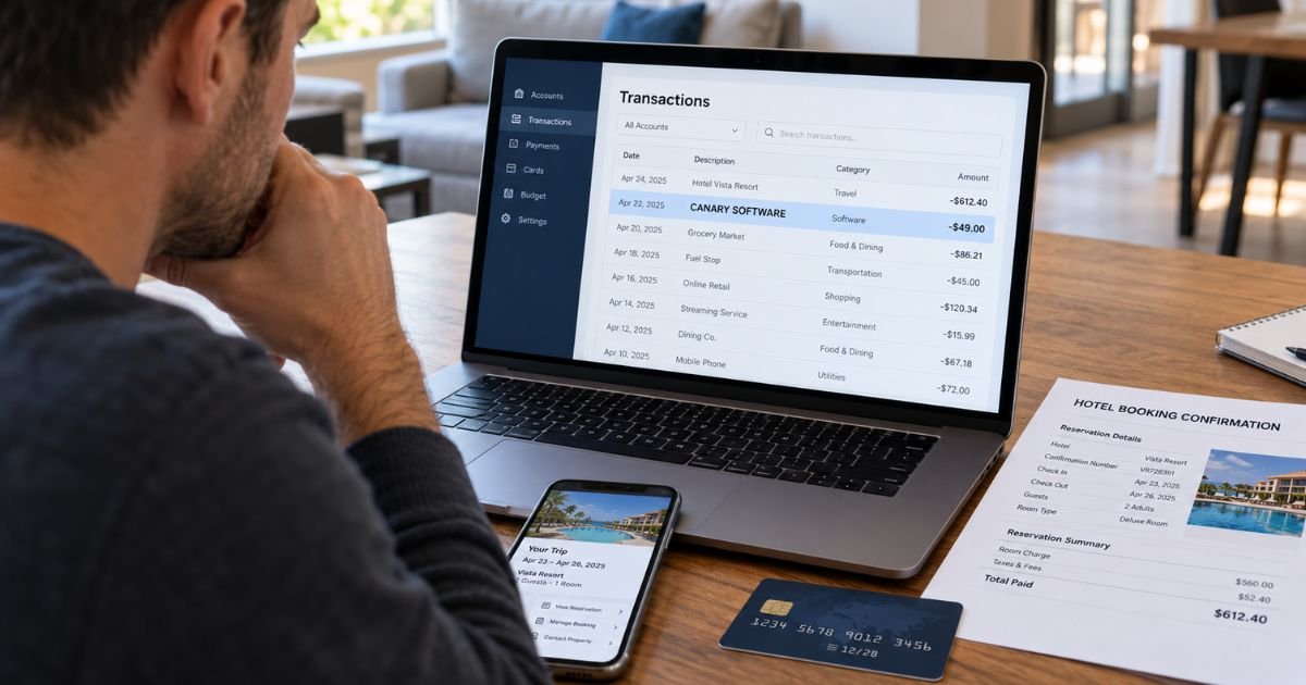 Person reviewing a CANARY SOFTWARE credit card charge on a laptop, with a smartphone, credit card, and hotel receipt nearby.