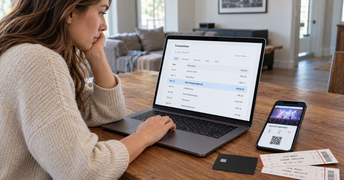 Person reviewing a TM CANADA RESALE charge on a laptop, with concert tickets, a smartphone showing a digital ticket, and a credit card on the desk.