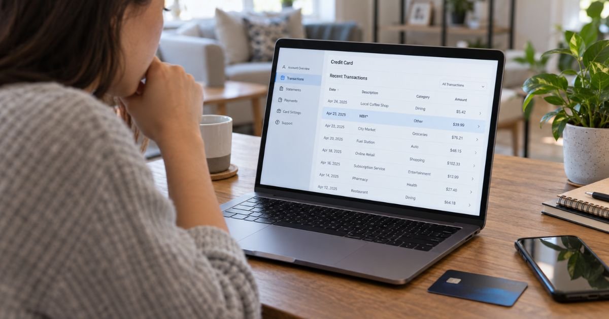 Person reviewing a credit card statement on a laptop with an unfamiliar NBX transaction highlighted, with a credit card and smartphone on a wooden desk in a modern home.