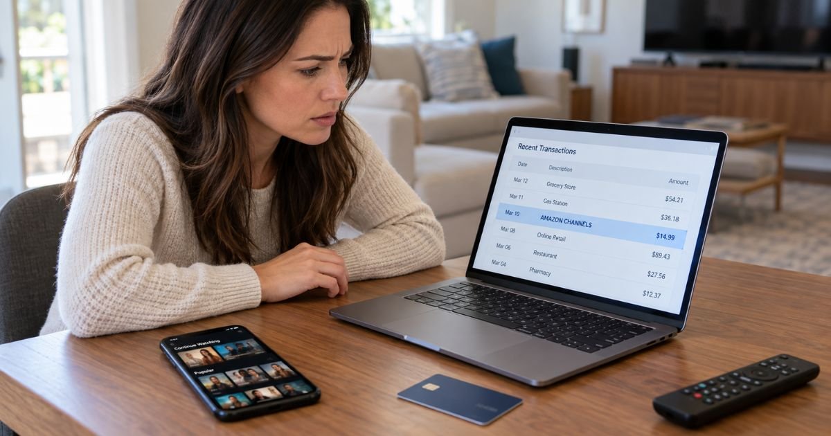 Person reviewing a highlighted AMAZON CHANNELS credit card charge on a laptop, with a smartphone showing a streaming interface, a credit card, and a TV remote nearby.